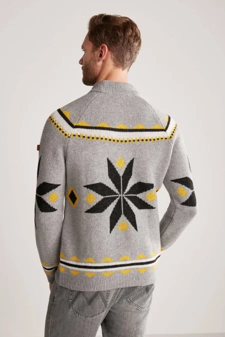 Kaşmir Yün Karışım Lupetto Yaka Kar Desen Gri Kazak