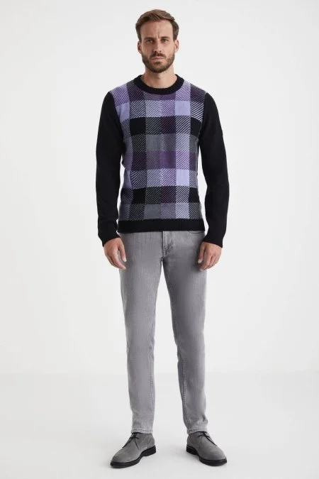 Kaşmir Yün Karışım Tartan Desen Siyah Mor Kazak