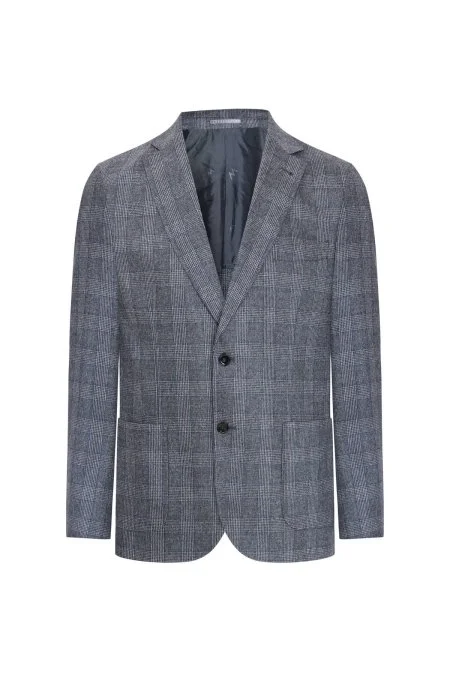 Kaşmir Yün Karışımı Ekose Desen Gri Ceket