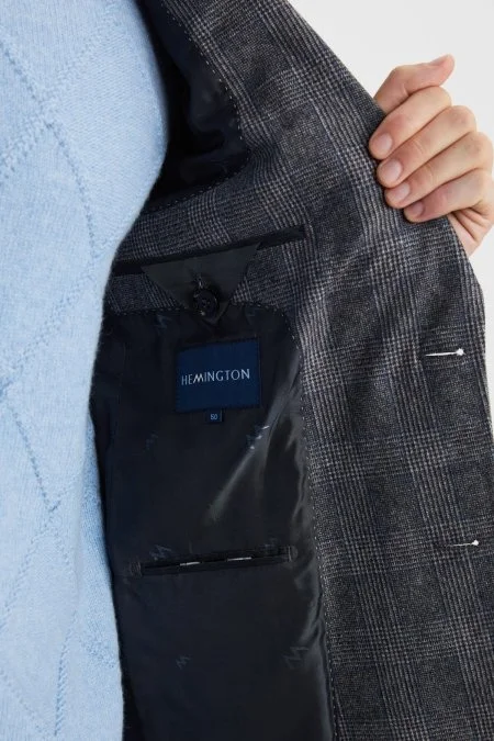 Kaşmir Yün Karışımı Ekose Desen Gri Ceket