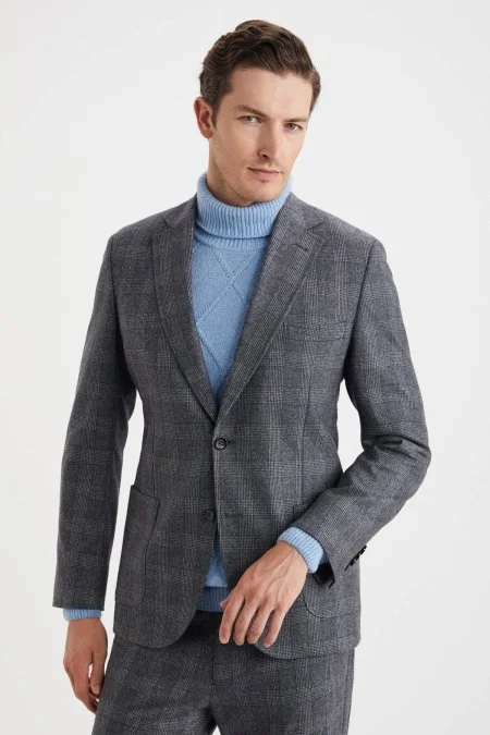 Kaşmir Yün Karışımı Ekose Desen Gri Ceket