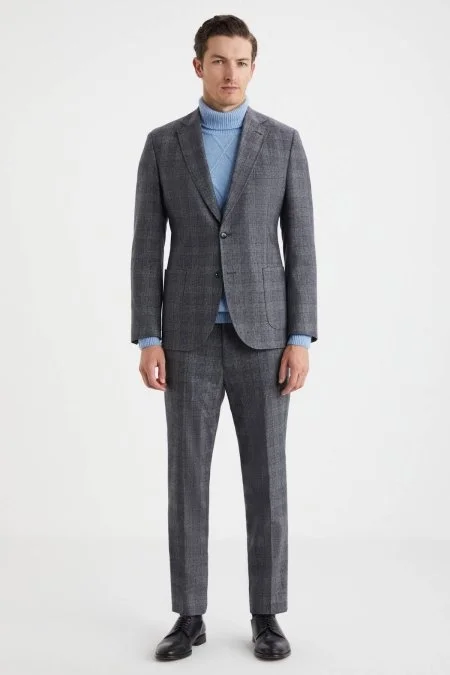 Kaşmir Yün Karışımı Ekose Desen Gri Ceket