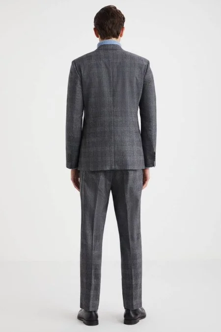Kaşmir Yün Karışımı Ekose Desen Gri Ceket