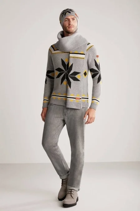 Kaşmir Yün Karışım Kar Desen Açık Gri Atkı