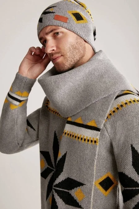 Kaşmir Yün Karışım Kar Desen Açık Gri Bere