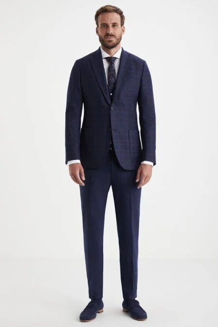 Kaşmir Karışım Ekose Desen Lacivert Ceket