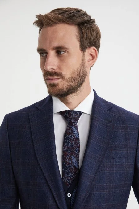 Kaşmir Karışım Ekose Desen Lacivert Ceket