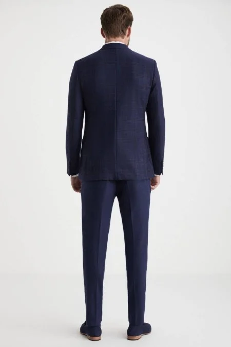 Kaşmir Karışım Ekose Desen Lacivert Ceket
