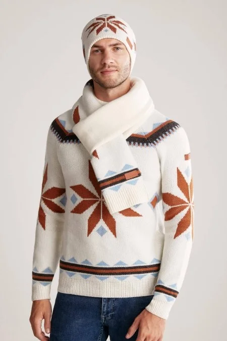 Kaşmir Yün Karışım Kar Desen Ekru Bere