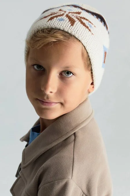 Kaşmir Yün Karışım Kar Desen Ekru Çocuk Bere