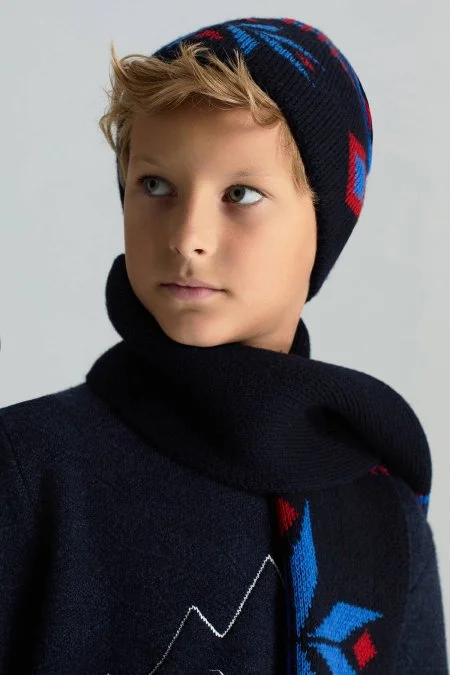 Kaşmir Yün Karışım Kar Desen Lacivert Çocuk Bere