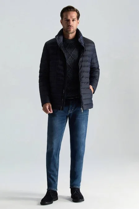 Kaz Tüyü Dolgulu Lacivert İnce Spor Mont