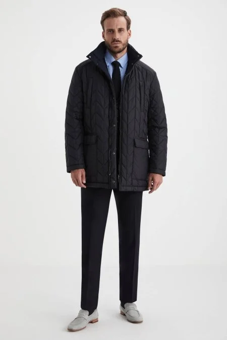 Elyaf Dolgulu Lacivert-Siyah Çift Taraflı Mont