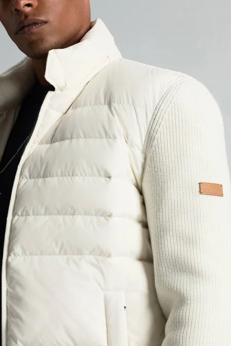 Kaz Tüyü Dolgulu Örgü Kol Beyaz Mont