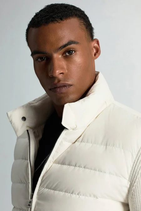 Kaz Tüyü Dolgulu Örgü Kol Beyaz Mont