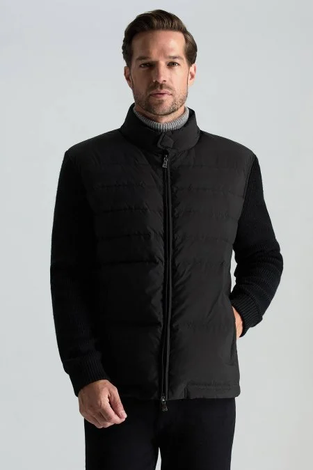 Kaz Tüyü Dolgulu Örgü Kol Siyah Mont