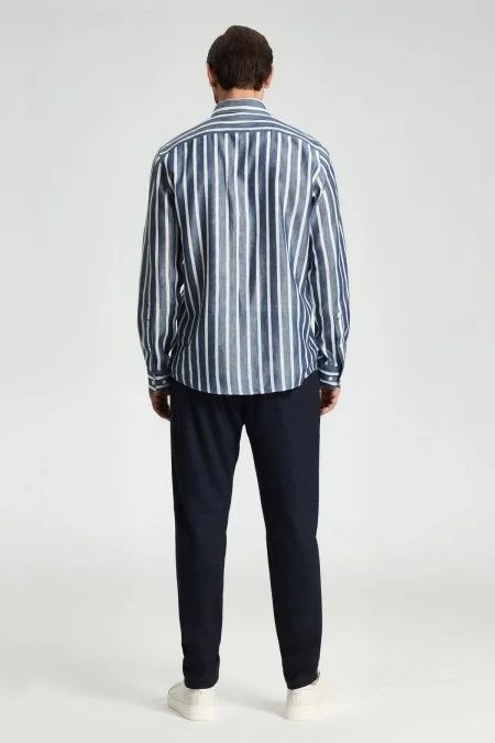 Lacivert Beyaz Çizgi Desen Keten Karışım Gömlek