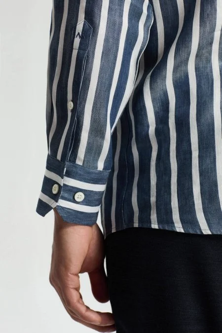 Lacivert Beyaz Çizgi Desen Keten Karışım Gömlek