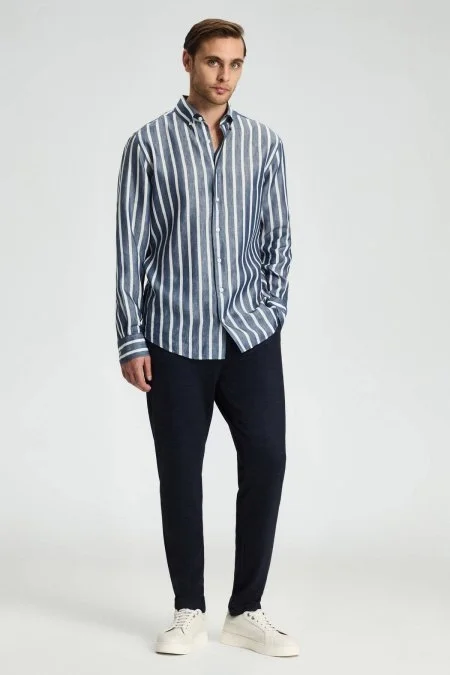 Lacivert Beyaz Çizgi Desen Keten Karışım Gömlek