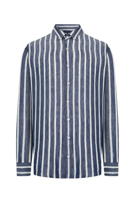 Lacivert Beyaz Çizgi Desen Keten Karışım Gömlek