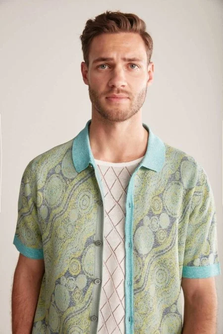 Keten Karışım Düğme Detaylı Yeşil-Mavi Kısa Kol Gömlek