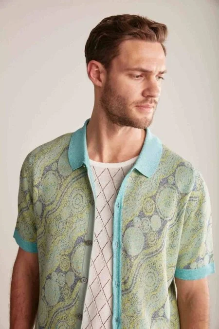 Keten Karışım Düğme Detaylı Yeşil-Mavi Kısa Kol Gömlek