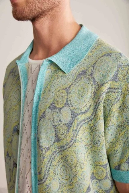 Keten Karışım Düğme Detaylı Yeşil-Mavi Kısa Kol Gömlek