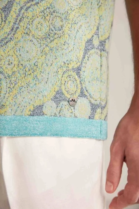 Keten Karışım Düğme Detaylı Yeşil-Mavi Kısa Kol Gömlek