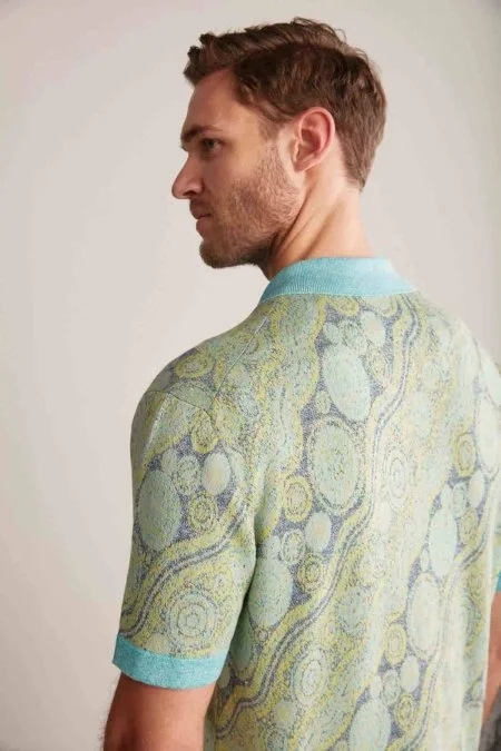 Keten Karışım Düğme Detaylı Yeşil-Mavi Kısa Kol Gömlek