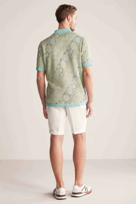 Keten Karışım Düğme Detaylı Yeşil-Mavi Kısa Kol Gömlek