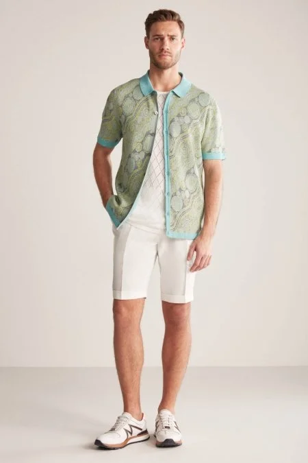 Keten Karışım Düğme Detaylı Yeşil-Mavi Kısa Kol Gömlek