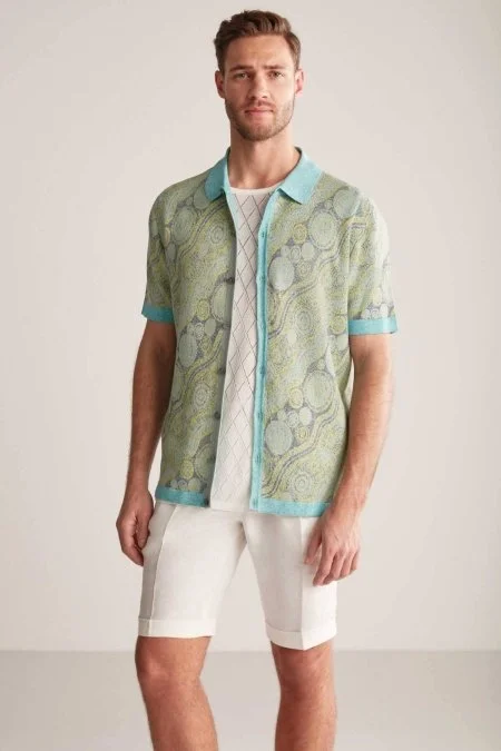 Keten Karışım Düğme Detaylı Yeşil-Mavi Kısa Kol Gömlek