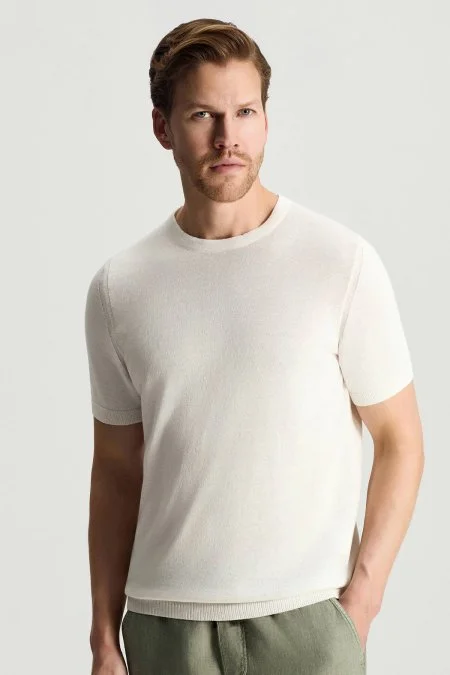 Keten Pamuk Karışım Bisiklet Yaka Beyaz Triko T-Shirt