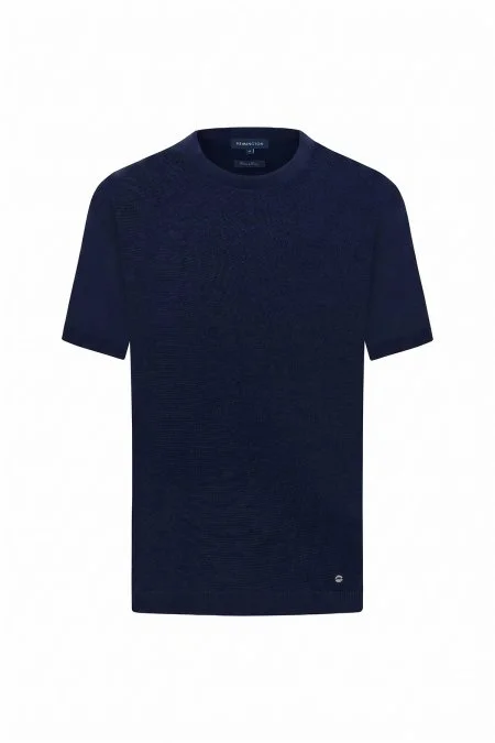 Keten Pamuk Karışım Bisiklet Yaka Mavi Triko T-Shirt