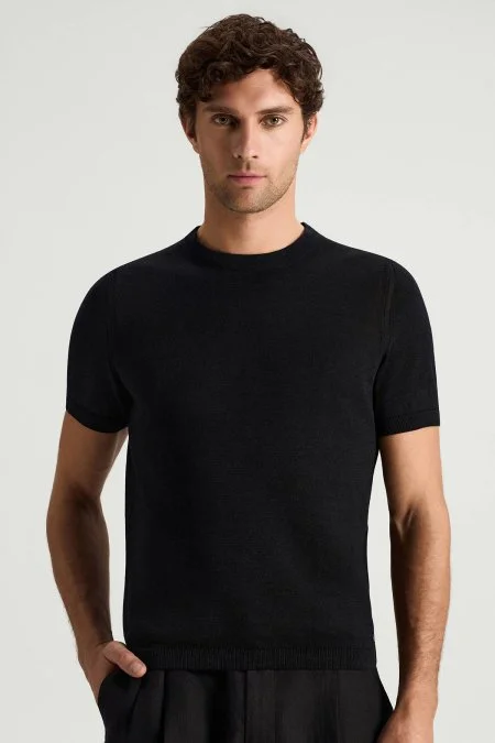 Keten Pamuk Karışım Bisiklet Yaka Siyah Triko T-Shirt