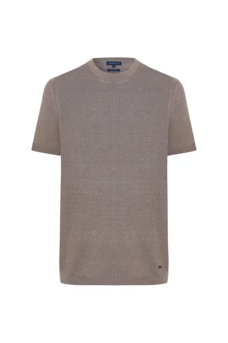 Keten Pamuk Karışım Bisiklet Yaka Vizon Triko T-Shirt