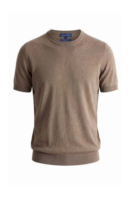 Keten Pamuk Karışım Bisiklet Yaka Vizon Triko T-Shirt