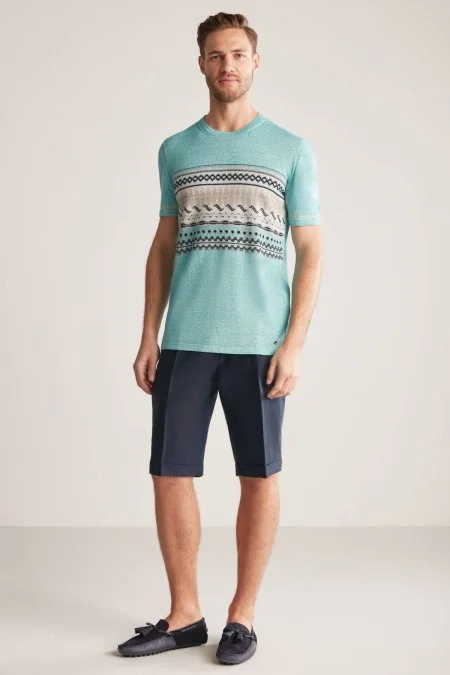 Keten Pamuk Karışım Etnik Desen Mavi Triko T-Shirt