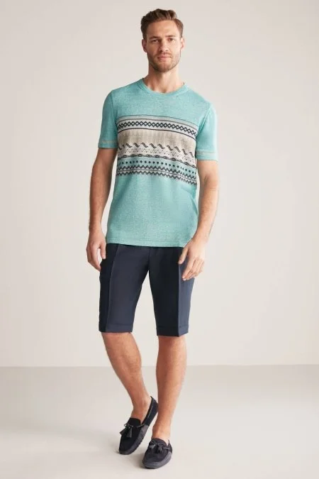 Keten Pamuk Karışım Etnik Desen Mavi Triko T-Shirt