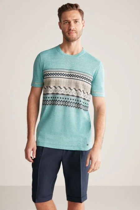 Keten Pamuk Karışım Etnik Desen Mavi Triko T-Shirt