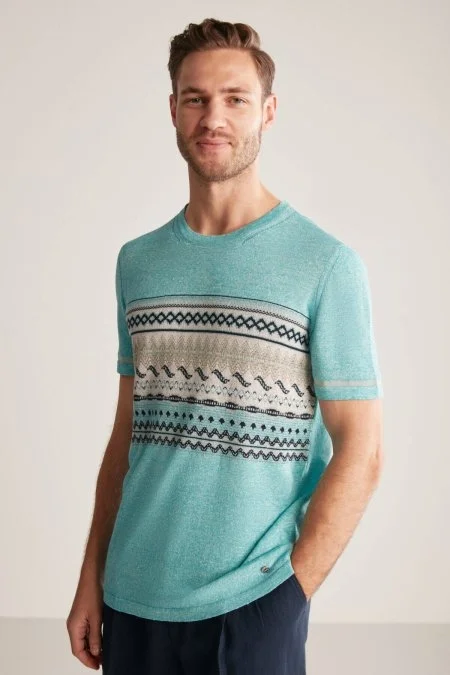 Keten Pamuk Karışım Etnik Desen Mavi Triko T-Shirt