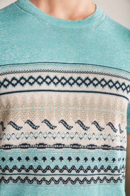 Keten Pamuk Karışım Etnik Desen Mavi Triko T-Shirt