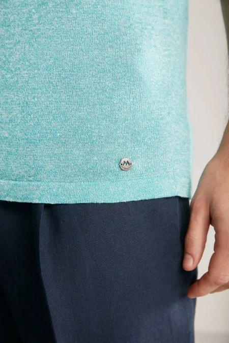 Keten Pamuk Karışım Etnik Desen Mavi Triko T-Shirt