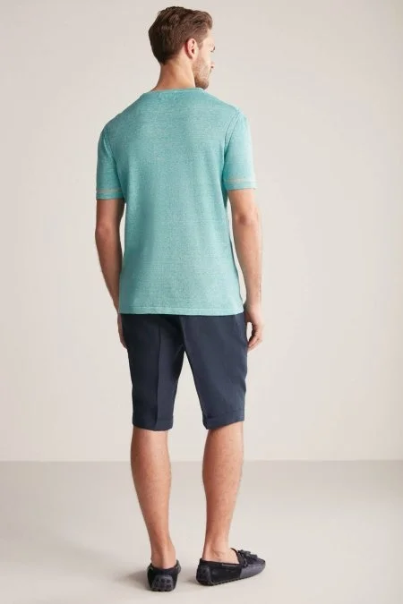 Keten Pamuk Karışım Etnik Desen Mavi Triko T-Shirt