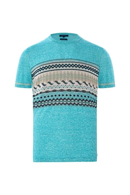 Keten Pamuk Karışım Etnik Desen Mavi Triko T-Shirt