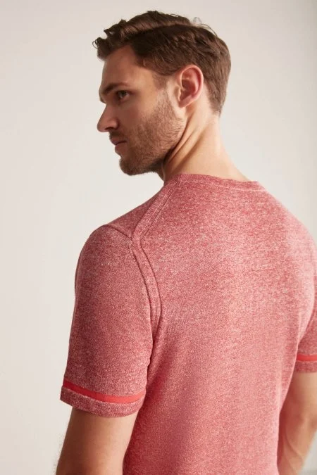 Keten Pamuk Karışım Etnik Desen Bordo Triko T-Shirt