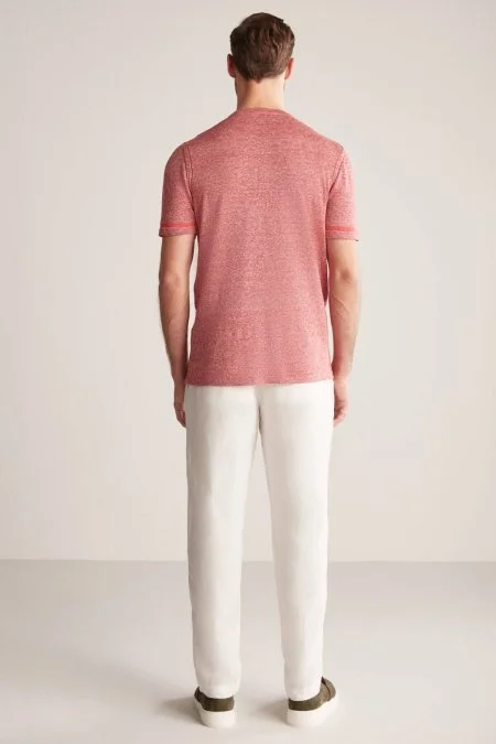 Keten Pamuk Karışım Etnik Desen Bordo Triko T-Shirt