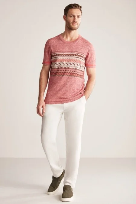 Keten Pamuk Karışım Etnik Desen Bordo Triko T-Shirt