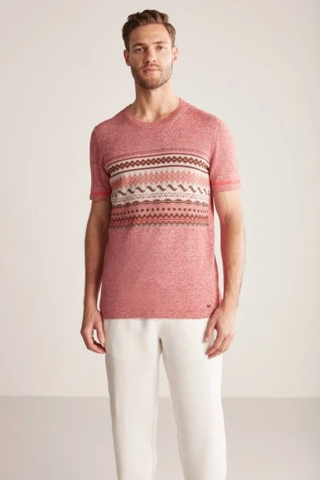 Keten Pamuk Karışım Etnik Desen Bordo Triko T-Shirt