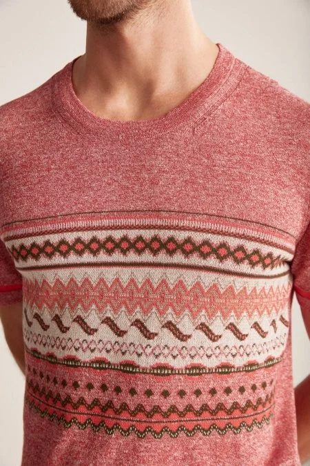 Keten Pamuk Karışım Etnik Desen Bordo Triko T-Shirt